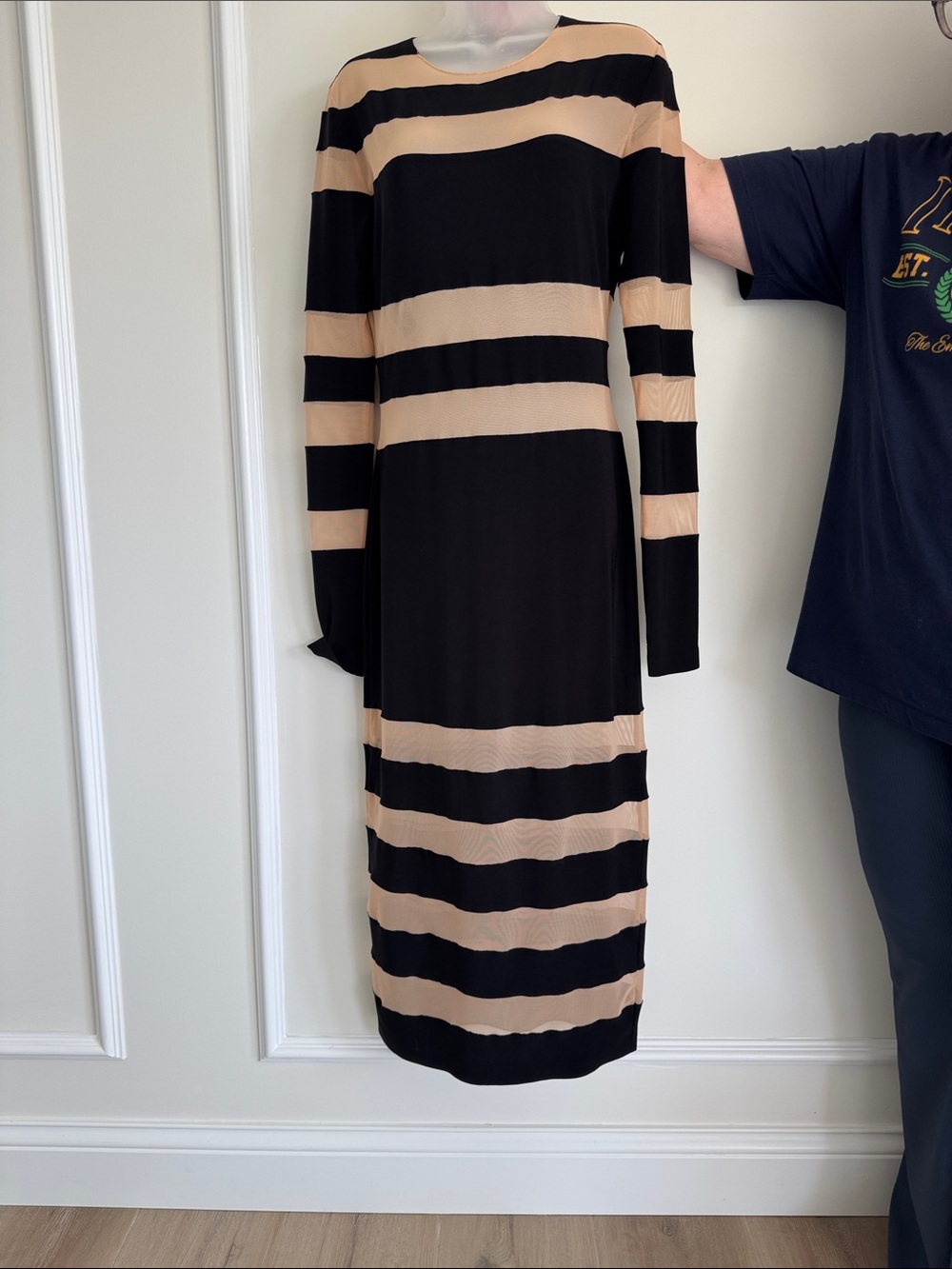 Norma Kamali Black and Beige Striped Long Sleeve Midi Dress